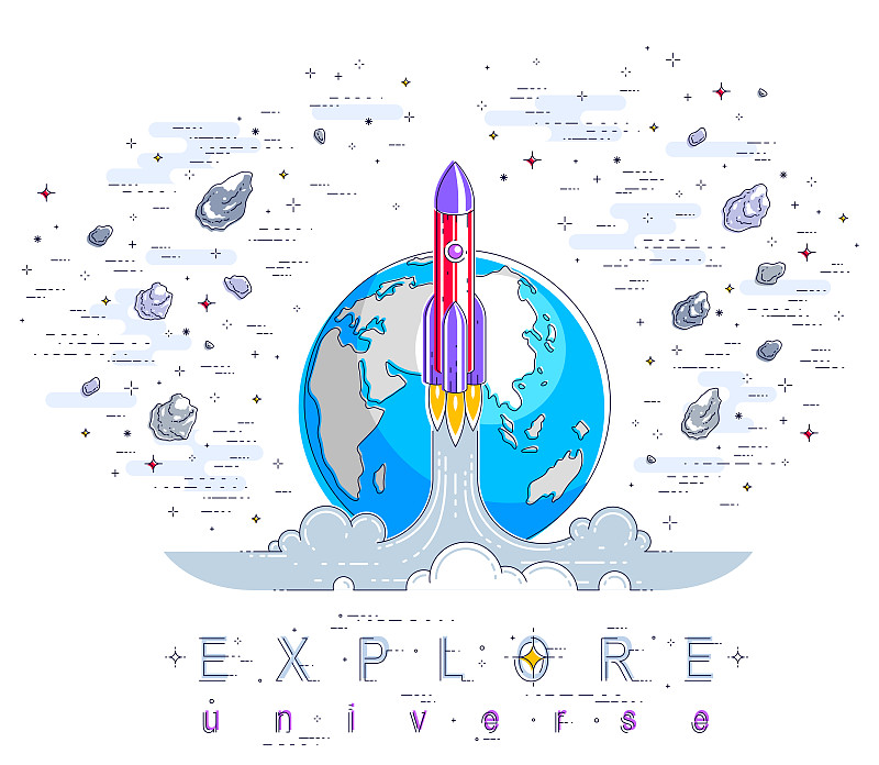 火箭从地球出发到太空去发现未被发现的、被彗星、小行星、流星、恒星等元素环绕的天体。探索宇宙，空间科学预览效果