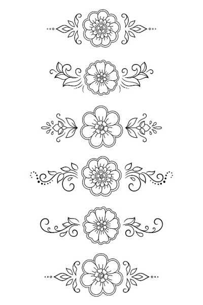 一套曼海蒂花图案指甲花绘画和纹身。东方民族、印度风格的装饰。涂鸦装饰。轮廓手绘矢量插图。