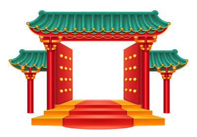 中式大门，入口带屋顶，楼梯隔离