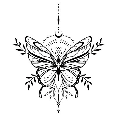 矢量插图与手绘蝴蝶与月亮。抽象的神秘符号。黑色线性形状。为您设计、纹身或魔术工艺。
