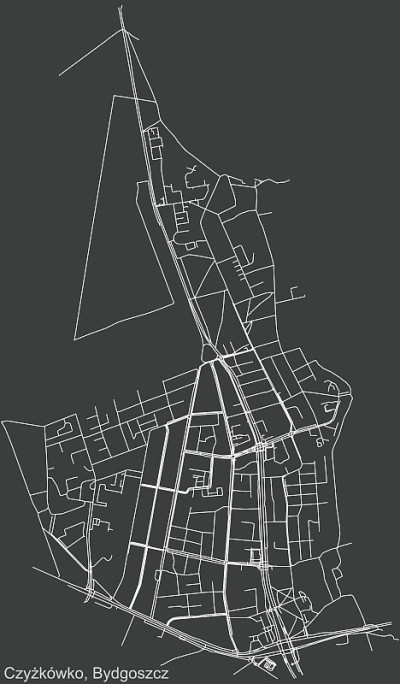 波兰Bydgoszcz Czyżkówko区阴暗的街道地图