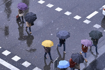 在马德里，人们打着不同颜色的雨伞过马路
