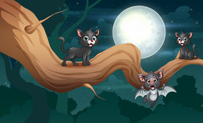 在夜里画一只蝙蝠和黑猫在树上