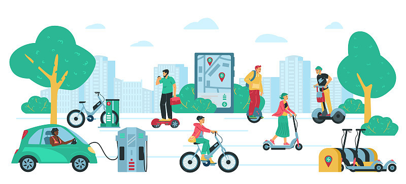 道路用各种电动交通工具载人，平面矢量插图。