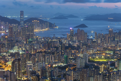 黄昏时香港城市鸟瞰图