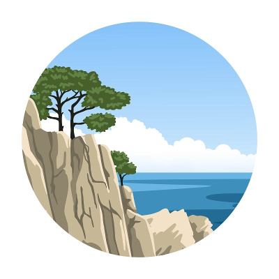 上面有棵树的海岩。中国的海景。海洋的观点。简单的圆形手绘插图。矢量图标。