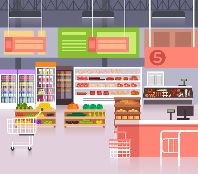 大空食品超市概念。矢量平面卡通图形设计插图