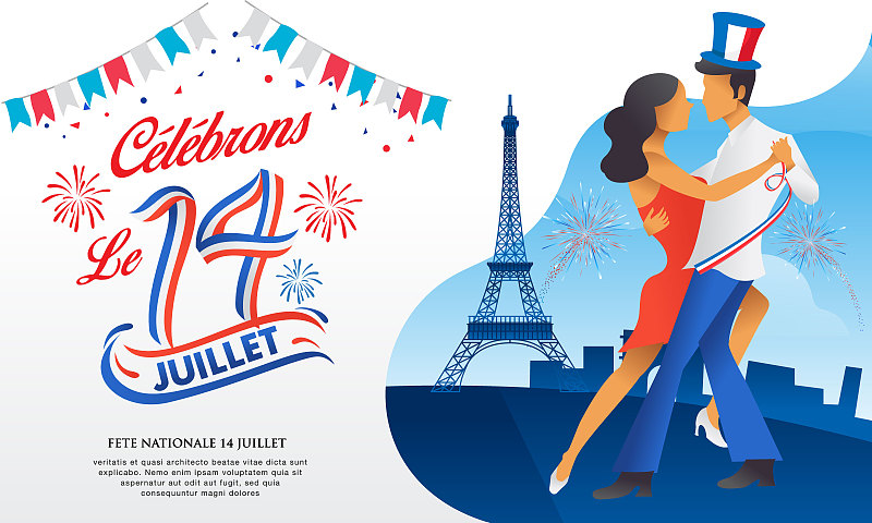 点击进入编辑 巴士底日贺卡与舞蹈,派对和烟花。Le 14 juilliet法语翻译14日法国国庆日预览效果