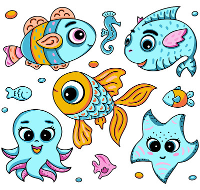 卡通海洋生物收集，矢量插图与鱼，章鱼，大眼睛海星。