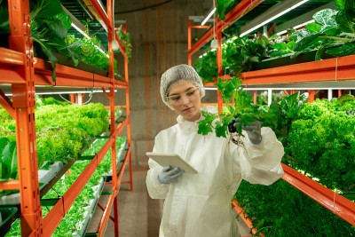 年轻的女生物学家穿着防护服，手里拿着小盆育苗