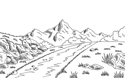 山道图形黑白景观素描插图矢量