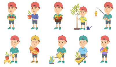 小白种人男孩矢量插图集