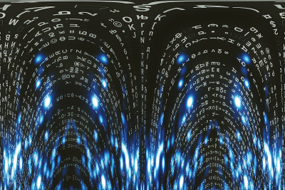 蓝色矩阵数字背景。扭曲的网络空间的概念。人物倒了。来自符号流的矩阵。虚拟现实设计。复杂的算法数据黑客