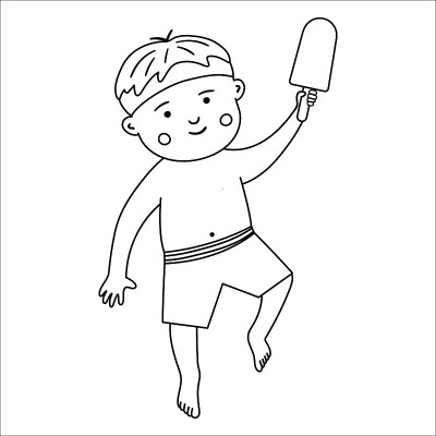 向量黑白孩子在游泳裤。概述孩子在海滩上的活动。可爱的男孩和冰淇淋。有趣的夏季插图或着色页