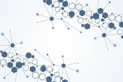 科学网络格局，连接线与点。技术六边形结构或分子连接元件。