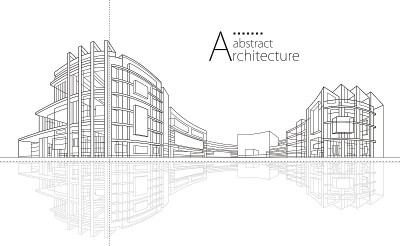 建筑建筑施工透视图设计，抽象现代城市建筑线条绘制。