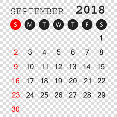 2018年9月日历。日历计划设计模板。一周从周日开始。业务矢量插图。