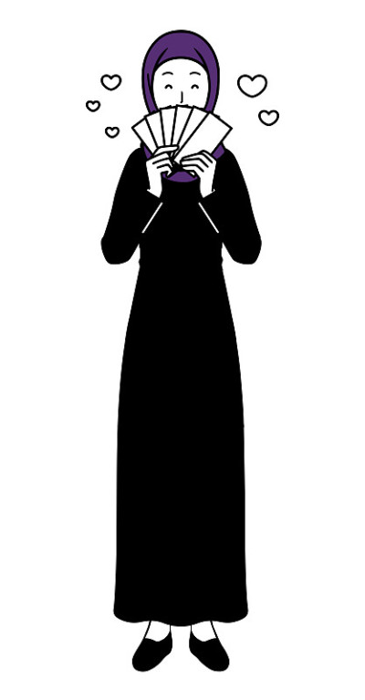 伊斯兰妇女赚钱，全身插画。