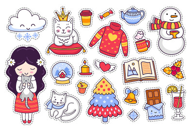 小女孩有小猫和小猫，巧克力，书，毛衣，雪人。