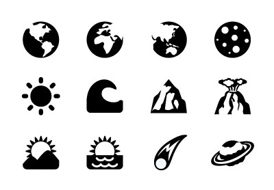 空间相关矢量插图图标集。地球面，月球，土星，行星，海浪，太阳，地平线，陨石孤立的符号集合