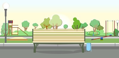 公园操场上的长凳。秋千、滑梯和旋转木马。平面卡通风格插图。孩子们玩耍的地方。沙箱的孩子。夏季户外景观