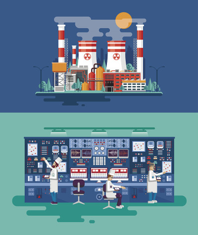 插画室内科学基地，核电站平面风格