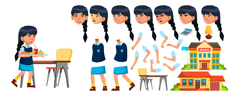 Asian Girl Vector. Primary School Child. Animation