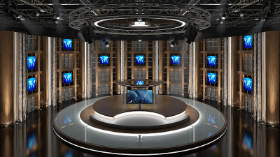 虚拟电视演播室聊天集。绿屏背景。3 d渲染。