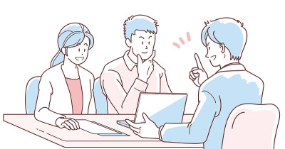 一个商人向一对年轻夫妇解释的插图