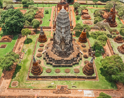 鸟瞰图大城府，Wat ratchabrana，空在冠状病毒期间，在Phra Nakhon Si大城府