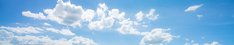 蓝色的天空和小云朵的背景。全景