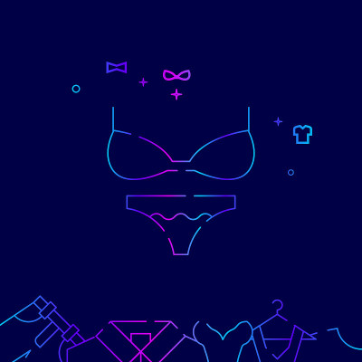 胸罩和内裤矢量线图标，在深蓝色的背景上的插图。相关的底部边界