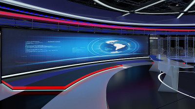 虚拟电视演播室新闻集31。绿屏背景。3 d渲染。