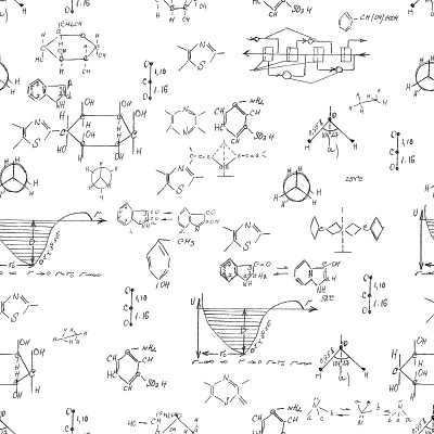 化学无缝模式与手写的各种公式和分子结构和图表。原子几何。大学讲座。科学研究如炼金术。向量。