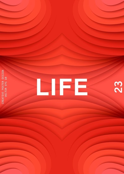 的生活。创造性的3D分层空间与透视深度。热红色渐变元素。向量的海报