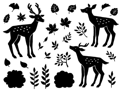 Silhouette illustration set of deer and various le