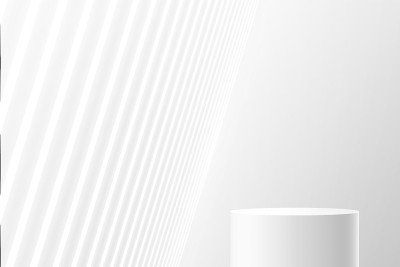 白色的现实圆柱形基座或讲台与透视霓虹灯。矢量抽象工作室房间与三维几何平台。未来科幻场景，产品展示，促