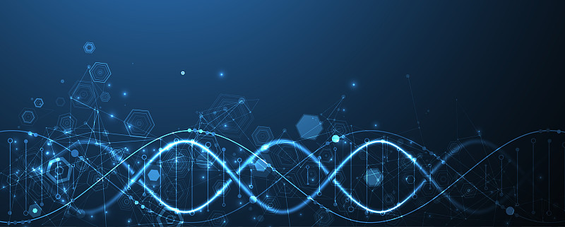 发光的氖DNA链。生物技术、生物化学、科学、医学概念。