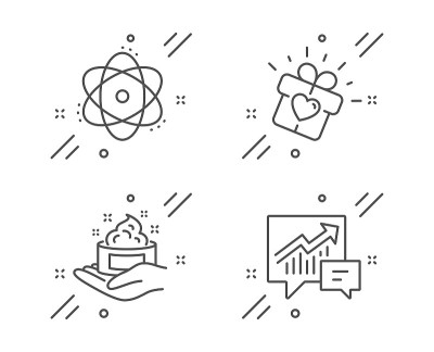 Love gift, Skin care and Atom icons set. Accountin