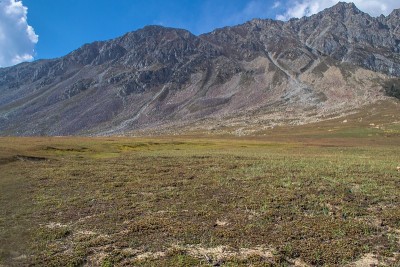 白雪覆盖的高山、高山草甸和当地的山区居民点