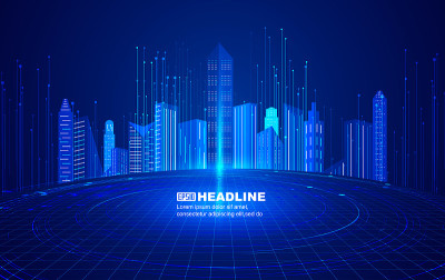 线条与建筑，互联网金融技术在未来城市的背景。