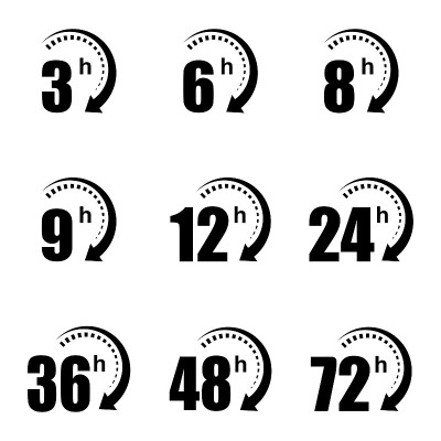 3, 6, 8, 9, 12, 24, 36, 48 and 72 hours clock arro