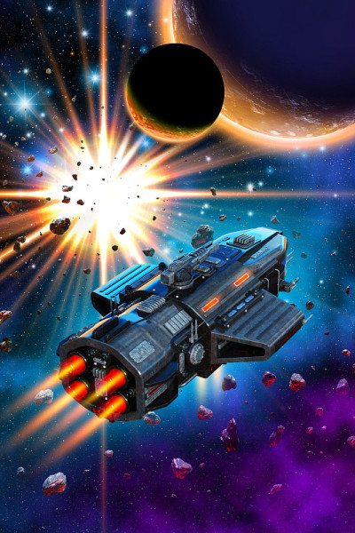 宇宙飞船飞近一个外星行星系统，背景是超新星爆炸，3d插图