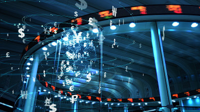全球货币和技术概念。Fintech(金融技术)。
