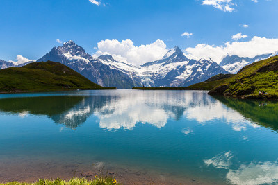 Bachalpsee和雪覆盖的山峰包括Schreckhorn, Wetterhorn冰川瑞士阿尔卑斯