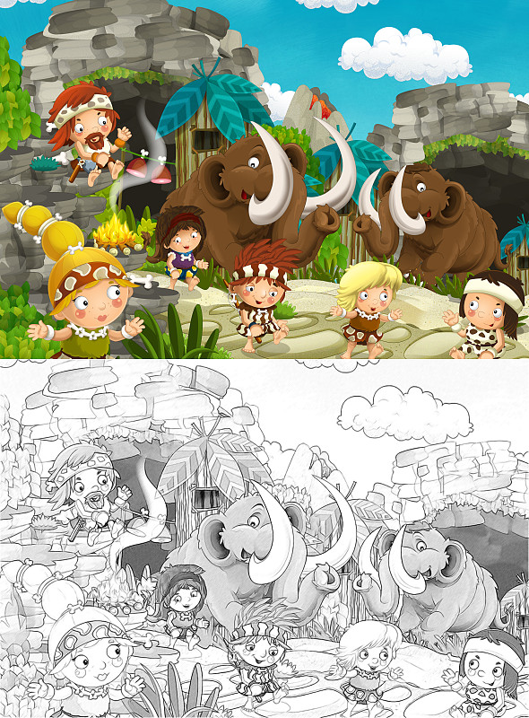 卡通素描场景与史前人旅行与猛犸象和果树附近的河流-插图