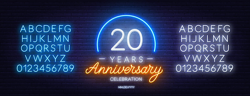 20 anniversary celebration neon sign on dark backg