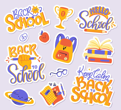 学校贴纸包。向量集现代插图。