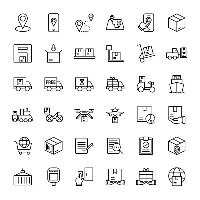 parcel and delivery service 36 outline icons