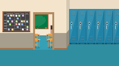 学校内部空无一人，教室里开着门